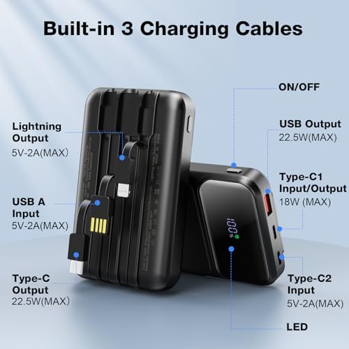Ultra-Fast 10000 m Ah Portable Charger with Integrated Cable – PD 22.5 W Power Bank with LCD Battery Indicator for i Phone 16/15/14/13/12/11/X and Samsung Devices – Lightweight, High-Speed Charging Solution for On-the-Go Power Needs