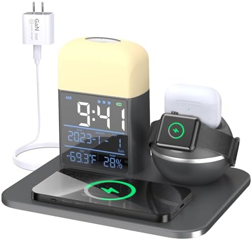 Ultimate 9-in-1 Wireless Charging Station with Integrated Alarm Clock and Night Light – Fast Qi-Certified Docking Solution for Apple Devices with 30 W Ga N Charger and USB Port – Stylish Blue Design for Clutter-Free Bedside Charging