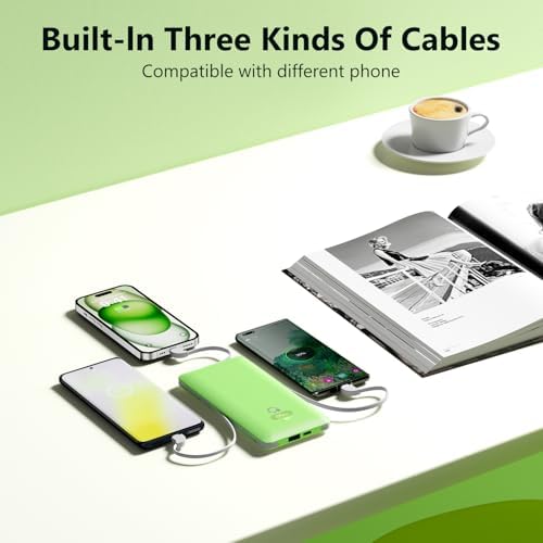 Ultimate Brand Q 10000 m Ah Portable Charger with Built-in Cables and AC Wall Plug – Fast Charging Power Bank with USB-C, Triple Output Ports for i Phone, Tablet & All Smartphones – Perfect Travel Companion for On-the-Go Charging
