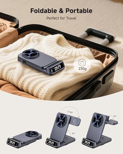 Magnetic 3-in-1 Wireless Charging Station for Samsung Devices – Foldable Fast Charger for Galaxy S25/S24/S23/Note 20/Z Fold & Flip Series, Galaxy Watch 7/6/5 Pro/Ultra & Buds Pro/Live – Enhanced Compatibility with Adjustable Dimming Clock, Rapid Charging Efficiency, and Portable Design for Travel and Home Use