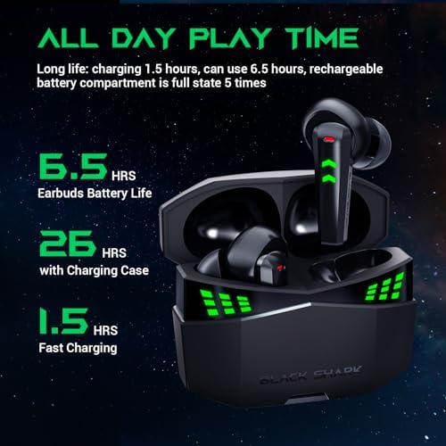 Elevate Your Gaming Experience with Black Shark Wireless Gaming Earbuds – Hi-Fi Stereo Sound, IPX5 Waterproof Design, Noise-Cancelling Microphone, and Quick Charging Case for Ultimate Convenience and Performance on i Phone & Android Devices
