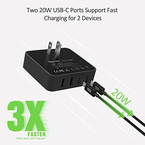 Nekmit 52 W Ultra-Compact 4-Port USB C Fast Charger – Dual 20 W Power Delivery & Dual USB Ports for Rapid Charging of i Phone 13, Galaxy, Pixel, i Pad Pro & More – Sleek Design for Home, Office & Travel Efficiency