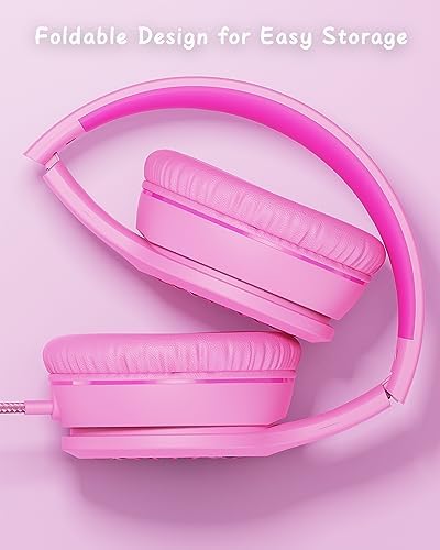 K16 Kids’ Foldable Wired Headphones with Microphone – Lightweight On-Ear Stereo Bass Design in Vibrant Pink and Red for School, Gaming, and Tablet Use – Compatible with Kindle, Chromebook & More – Durable Comfort for All-Day Listening