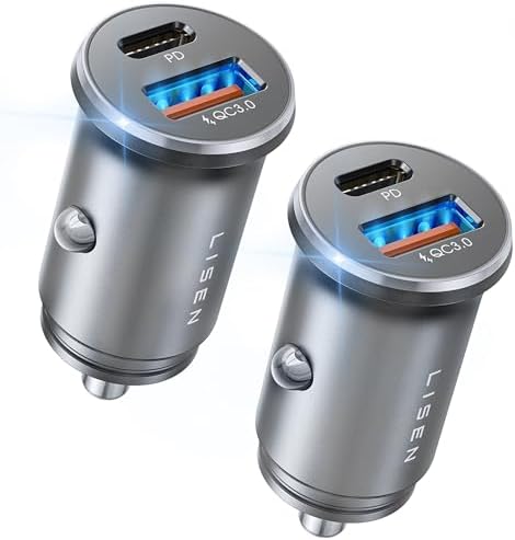 LISEN 48 W Dual USB-C Car Charger Adapter (2 Pack) – Mini & Metal Fast Charging Cigarette Lighter Charger for i Phone 15 Pro Max, Samsung Galaxy, i Pad – Power Delivery & Quick Charge 3.0 for Ultimate Device Compatibility on the Go