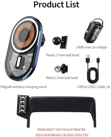 Wireless Charging car Phone Holder for Mazda 3 2014-2016/Mazda CX-3 2016-2021 Accessories 7 inch Screen Fixed Clip,360° Rotation car Phone Mount Compatible with MagSafe – Enhanced Compatibility and Speed
