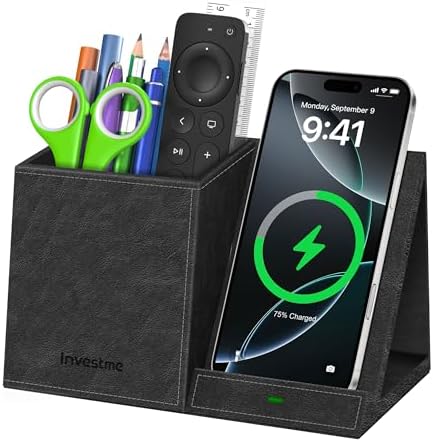 Multi-Functional Desk Organizer with Wireless Charging, Digital Thermometer & Humidity Monitor – Stylish Brown Pen Holder for Home Office Efficiency and Clutter-Free Workspace