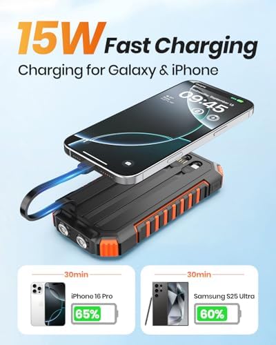 FEELLE 27000 m Ah Solar Power Bank – High-Capacity Portable Charger with 15 W Fast Charging, Dual Built-in Cables, and Emergency Flashlights for Outdoor Adventures – Ideal for Camping and Hiking, Compatible with i Phone and Android Devices