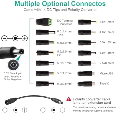 Versatile 72 W Adjustable AC/DC Power Adapter with 14 Interchangeable Tips – Universal Charger for 3 V-24 V Devices, Fast Charging Solution for Laptops, Routers, and Cameras, Compact and Durable Power Supply for Home and Office Use