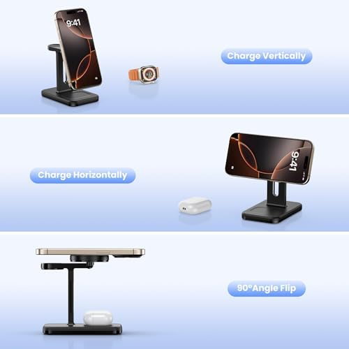 Ultimate 3-in-1 Fast Wireless Charging Station for Magsafe Apple Devices – Sleek Aluminum Charger with Adapter for i Phone 16/15/Pro/Pro Max/14/13/12, Apple Watch & Air Pods – Premium Magnetic Stand for Enhanced Speed and Style