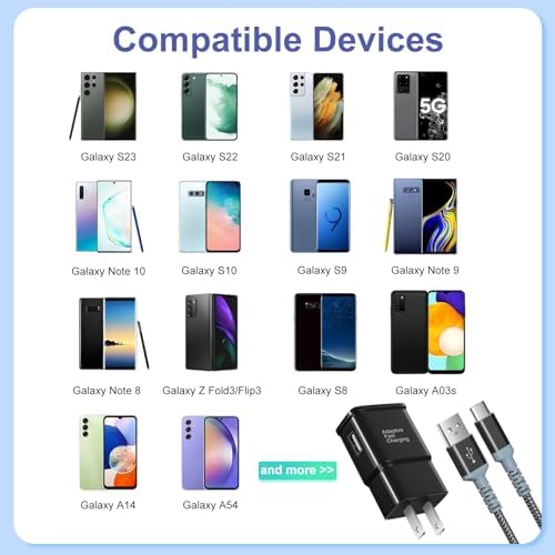 Excgood 10 ft Adaptive Fast Charging Wall Charger & USB C Cable – Dual Pack for Galaxy S25/S24/S23 Ultra, Android Phones – High-Speed Power Delivery & Extended Reach, Durable Black Design – Ultimate Charging Solution for On-the-Go Users