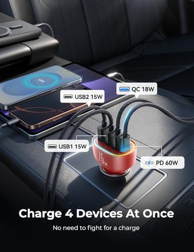 FLYLEAD 75 W USB C Car Charger – 4-Port Fast Charging Adapter for i Phone 16/15/14/13 Series – High-Speed Cigarette Lighter Power Solution in Sleek Red – Unmatched Compatibility and Performance for Effortless Road Charging