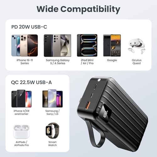 Massive 50000 m Ah Portable Power Bank with Dual Built-in Cables – 22.5 W Fast Charging for i Phone 16/15/14/13 Pro & Samsung Galaxy – Multi-Device Charging for Camping, Hiking & Outdoor Adventures – LED Display & Comprehensive Safety Features Included
