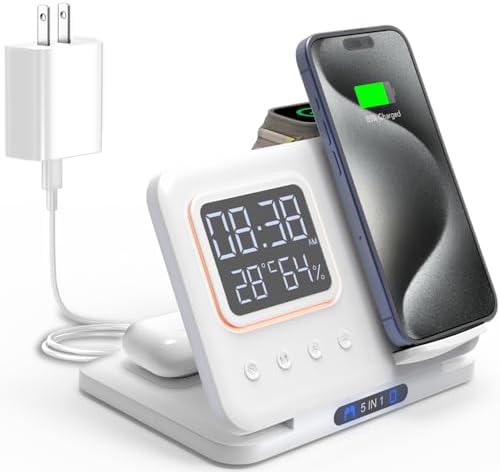 Ultimate Foldable 3-in-1 Wireless Charging Station for Apple Devices – Fast Multi-Device Charger with Integrated Clock for i Phone 16/15/14 Pro Max, Apple Watch Series 10/9/8/7/6/5/4/SE, and Air Pods Pro – Travel-Friendly and Compact Design for Effortless Charging on the Go