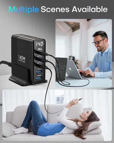 Power Up with the 140 W Ga N USB-C Charging Station: 5-Port High-Speed Charger for Mac Book, i Phone 15, and Samsung Galaxy – Enhanced Display for Real-Time Monitoring, Sleek Black Design, Perfect for Home & Office Use