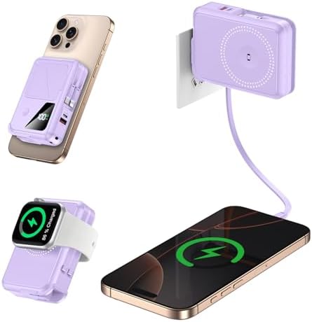 Revolutionary 3-in-1 Magnetic Wireless Power Bank – 10,000 m Ah Capacity with Built-in Cables and AC Plug – 22.5 W Fast Charging for i Phone 15/14/13/12, Apple Watch, and Air Pods – Ultimate Travel Companion for Seamless Device Charging