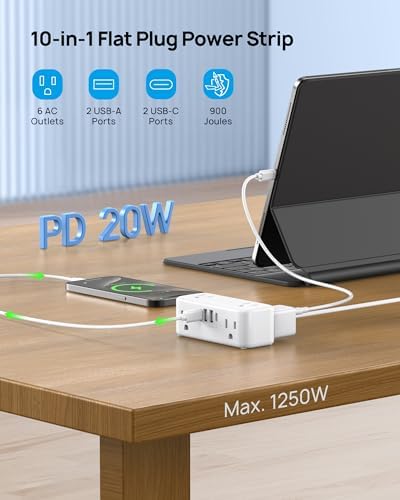 Elevate Your Charging Experience with the TROND 20 W USB C Surge Protector Power Strip – 5 ft Flat Plug Extension Cord Featuring 6 Outlets, 4 Rapid USB Ports, 900 Joules Protection, 3-Sided Design, Mountable for Optimal Space Utilization – Ideal for Home, Office, and Travel Efficiency