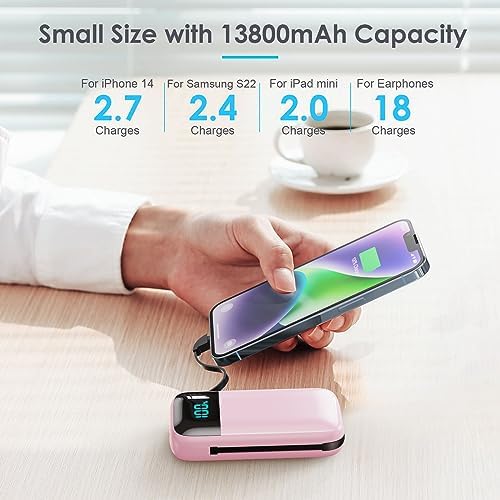 Ultra-Compact 13,800 m Ah Portable Charger with Built-In Cables – PD Fast Charging Power Bank for i Phone 15/14/13/12 & Android Devices – Stylish Pink Design with LCD Display for Real-Time Battery Monitoring – Perfect for Travel and Daily Use – Multi-Device Charging Solution