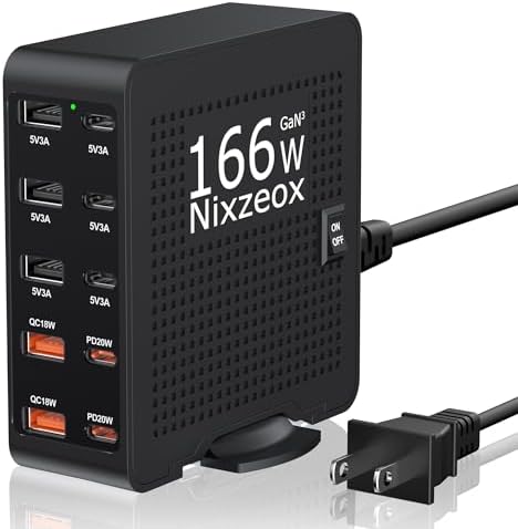 High-Speed 10-Port USB C Charging Station – 166 W Ga N Wall Charger with PD 20 W & QC 18 W for i Phone 15/14/13/12/11, i Pad, Samsung, Pixel 5 – Compact White-Silver Design for Universal Device Charging Convenience