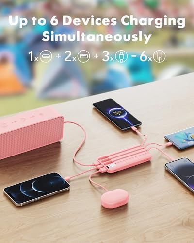 Ultra-Slim 10,000 m Ah Portable Power Bank with Built-In Charging Cables – 6 Outputs, 3 Inputs, Fast 3 A Charging for Universal Device Compatibility – Essential Travel Battery Pack for i Phone, Samsung, Google Pixel, LG, and More