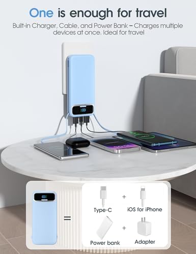 Ultra-Compact 12000 m Ah Power Bank with Built-in Charging Cables & AC Plug – 20 W PD Fast Charging for i Phone, Samsung, Android, USB-C Devices – Travel-Friendly External Battery Pack in Purple – Unmatched Portability and Efficiency for On-the-Go Charging Solutions