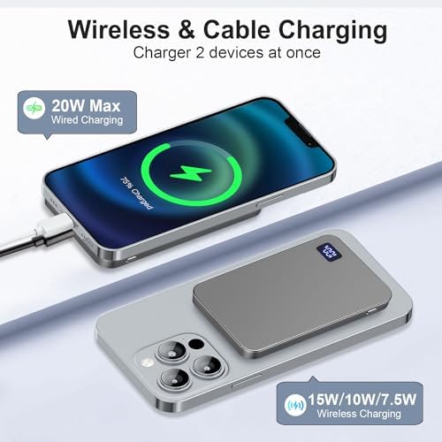 Ultra-Slim Magnetic 5000 m Ah Portable Charger – 15 W Fast Wireless Charging Power Bank for i Phone 15/14/13/12 Pro/Pro Max/Plus & USB-C Compatibility – LED Battery Monitor for Effortless On-the-Go Power