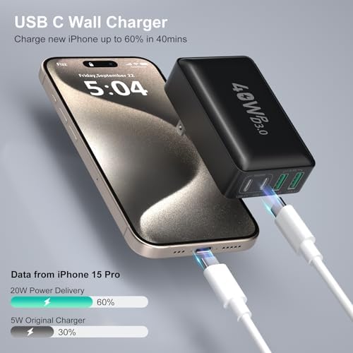 Excgood 40 W Multi-Port USB C Charger Block – 4-Port Fast Charging Wall Adapter with Dual PD & QC Technology, Compact Foldable Design for Travel, Compatible with i Phone 16/15 Pro Max/14/13, i Pad, Galaxy S23 – Sleek Black Finish, 2-Pack for Ultimate Device Compatibility and Efficiency