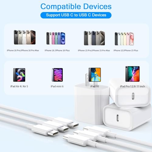 Rapid Charge Trio: 20 W USB-C Charger Block Set with 6 FT Cables for i Phone 16/15 & i Pad Pro – Ultimate Fast Charging Solution for Apple Devices, Enhanced Compatibility & Portability