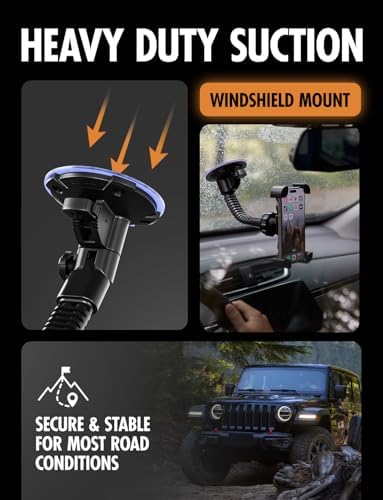 Mammoth Windshield Mobile Mount by Tough Tested: Double-Ribbed Gooseneck Arm with 360-Degree Rotation, Extra-Large Suction Grip for Secure Device Hold, Quick Release Design for Effortless Access – Ultimate Driving Convenience and Compatibility