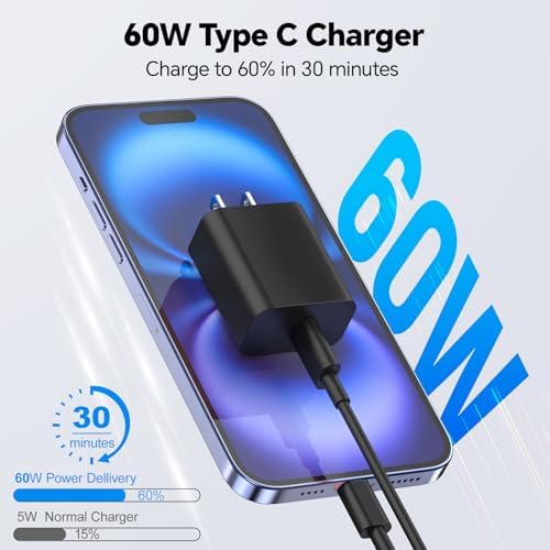 20 W Dual USB-C Fast Charger Block for i Phone 15/16 Series – Includes Two 10 FT USB-C Charging Cables, Perfect for Pro Max, Plus, Pro, i Pad Pro/Air – Compact, High-Speed Charging Solution (2 Pack, Black)