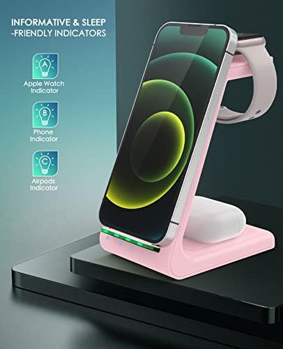 Sleek Pink 3-in-1 Wireless Charging Station: Fast Desk Charger for i Phone 16/15/14/13/12 Pro Max, Apple Watch Series 10-3, and Air Pods 4/3/2 Pro – Enhanced Compatibility & Space-Saving Design for Effortless Charging Efficiency
