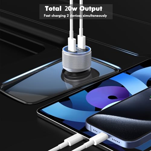 Effortless Power on the Go: 40 W Dual USB-C Fast Car Charger for i Phone with 2 Lightning Cables – Rapid Charging for i Phone 14/13/12/11 Pro Max and i Pads, Enhanced Compatibility, and Built-in Safety Features for Ultimate Device Protection
