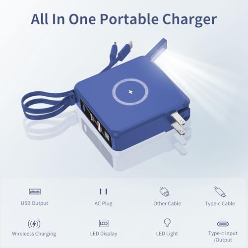 Ultimate 10,000 m Ah Portable Charger with Built-in Cables & AC Plug – PD 22.5 W Fast Wireless Power Bank for i Phone 16/15/14, Samsung S23/S22, Android Devices – Effortless Charging Anytime, Anywhere