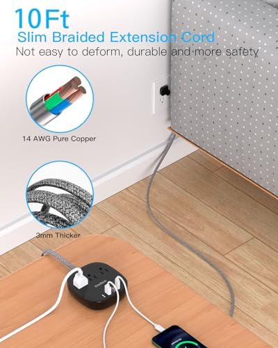 10 Ft Flat Plug Power Strip with 3 AC Outlets & 4 USB Ports, Ideal Desktop Charging Station for Cruise Ships & Dorms – Compact Design & Fast Charging for Multi-Device Use