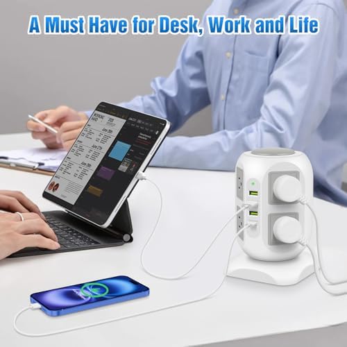 Ultimate Power Strip Desk Organizer with 8 AC Outlets & 4 USB Ports, 20 W Fast USB C Charging Station – 15 FT Flat Cord for Enhanced Flexibility & Surge Protection – Streamline Your Workspace & Maximize Efficiency