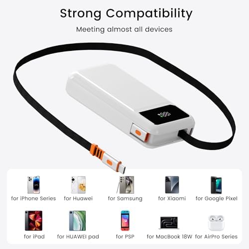 LUCKYDUO 10000 m Ah Power Bank with Retractable 2.3 ft Charging Cable – Ultra-Compact Fast Charging USB-C Battery Pack for i Phone 16/15/Pro & Samsung – LED Display for Travel-Friendly Power Solution and Universal Device Compatibility