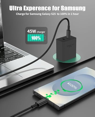 Dual 45 W Fast Charging Block Set with 10 ft USB-C to C Cables – Ultimate Power Solution for Samsung Galaxy S25/S24/S23+/S22+ and More – High-Efficiency Adapter for Android Devices, Perfect for Home Use and Travel Convenience