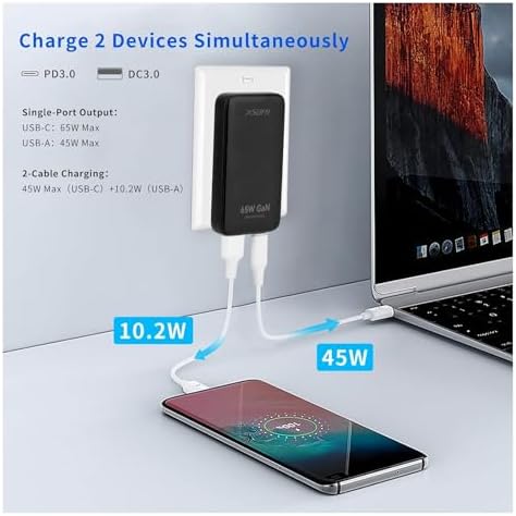 Ultra-Fast 65 W Flat USB-C Wall Charger – Dual Port Travel Adapter for Laptops, Tablets & Smartphones – Compact Design for Enhanced Portability – Safe & Reliable Charging Solution in Stylish Black