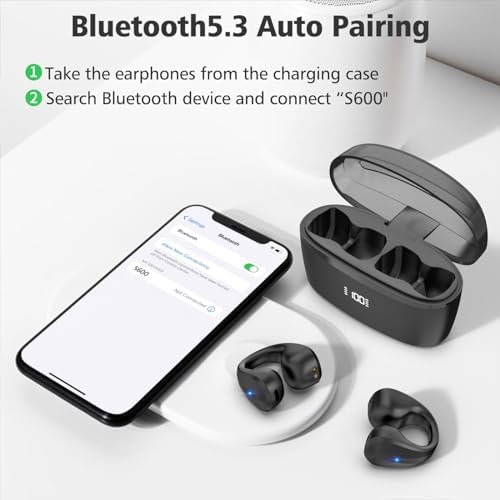 Revolutionary Bluetooth 5.3 Wireless Earbuds – Open Ear Clip Design for Ultimate Comfort and Awareness, 30 Hours Playtime with LED Charging Case – Perfect Fitness Headphones for Sports, Gym, Running, and Active Lifestyles in Sleek Black Finish