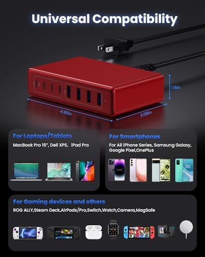 200 W Ga N IV USB-C Charging Hub: 8-Port Fast Charging Station with PD 65 W for Laptops, i Phones, i Pads, and Steam Deck – Compact & Efficient Power Adapter in Striking Red for Ultimate Device Versatility