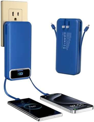 Ultra-Compact 12000 m Ah Power Bank with Built-in Charging Cables & AC Plug – 20 W PD Fast Charging for i Phone, Samsung, Android, USB-C Devices – Travel-Friendly External Battery Pack in Purple – Unmatched Portability and Efficiency for On-the-Go Charging Solutions