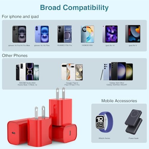 Ultra-Fast 20 W USB C Charger Block – 4 Pack for i Phone 16/15 & Multi-Device Compatibility – Compact Power Adapter for Apple, Samsung, Google – Essential Travel Charging Solution with Enhanced Durability and Safety Features