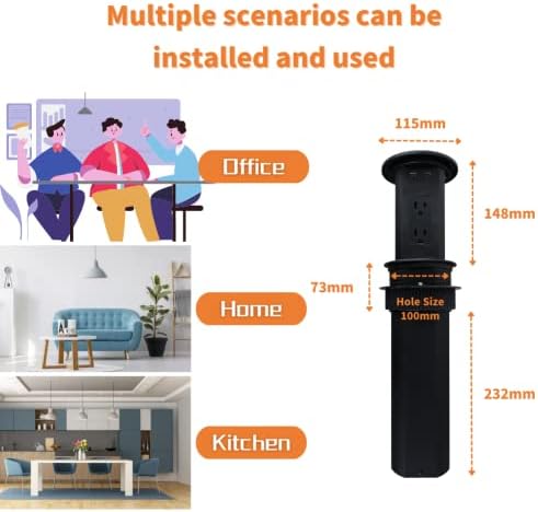 ZESHAN Sleek Pop-Up Power Outlet with 15 W Wireless Charging Station – Dual US Outlets, USB A & USB C PD Fast Charging Ports for Effortless Connectivity at Home or Office – Ideal for Conference Tables and Kitchen Counters, Modern Black Finish