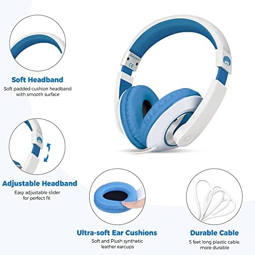 Rockpapa Kids Over-Ear Headphones – Lightweight Wired Audio Gear for School, Travel, and Home – Stylish White and Blue Design for Boys and Girls – Immersive Sound Quality with Adjustable Comfort and Durable Build for Young Audiophiles