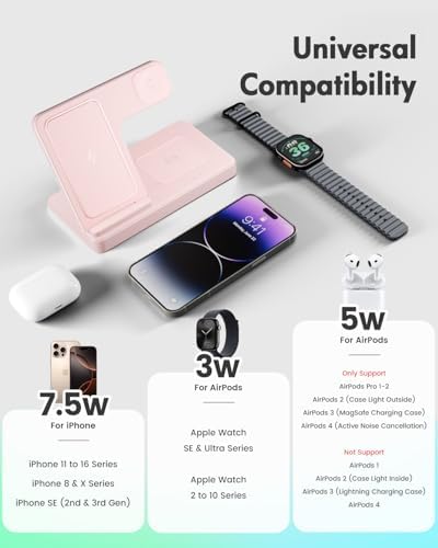3-in-1 Wireless Charging Station for Apple Devices – Fast Charging Dock for i Phone 16, 15, 14, 13, 12, 11, Apple Watch Series 10-3, and Air Pods Pro in Chic Pink – Ultimate Convenience for Home, Office, and Travel – Overcurrent & Overheating Protection – Perfect Gift for Tech Lovers