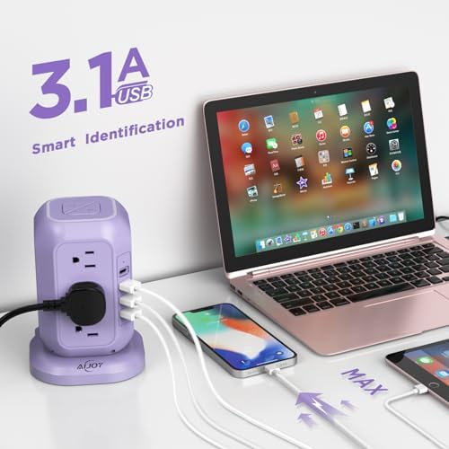 Ultimate Power Strip Tower with USB Ports – Ai Joy 12 AC Outlet Surge Protector and 4 USB Charging Station with 10 Ft Extension Cord, Overload Protection for Home, Office, and Dorm Use – Space-Saving Design for Enhanced Device Compatibility and Fast Charging