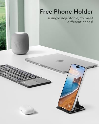 Samsers Portable Bluetooth Keyboard with Touchpad – Ultra-Slim Foldable Wireless Keyboard for Effortless Typing on Android, Windows, and i OS Devices – Rechargeable, Travel-Friendly Design with Device Holder – Black