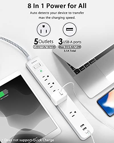 6 Ft Surge Protector Power Strip with 5 AC Outlets & 2 USB-C Ports – Space-Saving Flat Extension Cord for College Dorms & Home Office – Reliable Desktop Charging Station in Sleek White Design – Enhanced Surge Protection for Optimal Device Safety