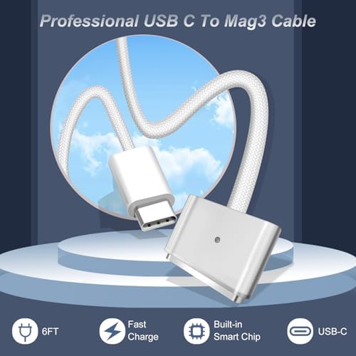 Ultra-Fast 70 W USB-C to Mag 3 Power Adapter for Mac Book Air & Pro – 15″ & 13″ Models – Includes 6.6 ft USB-C Cable for Lightning-Speed Charging – Wide Compatibility with All USB-C Devices – Intelligent Battery Protection for Extended Lifespan – Perfect Replacement Charger for 2021-2025 Mac Book Series
