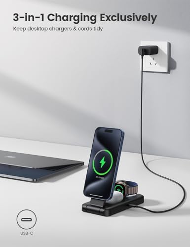 Lamicall 3-in-1 Magnetic Foldable Wireless Charger Stand – Fast Charging Station for i Phone 16/15/14/13/Pro/Pro Max, Apple Watch & Air Pods – Compact Travel-Friendly Design with Enhanced Mag Safe Compatibility for Effortless Device Management