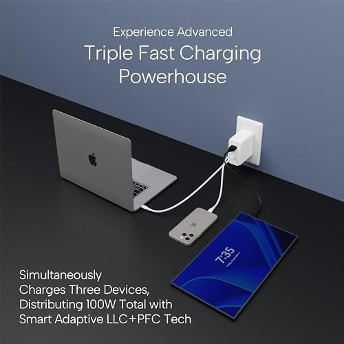 Ultra-Fast 100 W Ga N II PD Charger with 3 Ports – 2 USB-C & 1 USB-A, 6.6 ft E-Mark Cable, Perfect for Mac Book Pro, Pixelbook, Think Pad, XPS, i Pad Pro, Samsung Galaxy S23 Ultra & i Phone 16 Pro – Compact Power Solution with Enhanced Safety Features for Rapid Device Charging